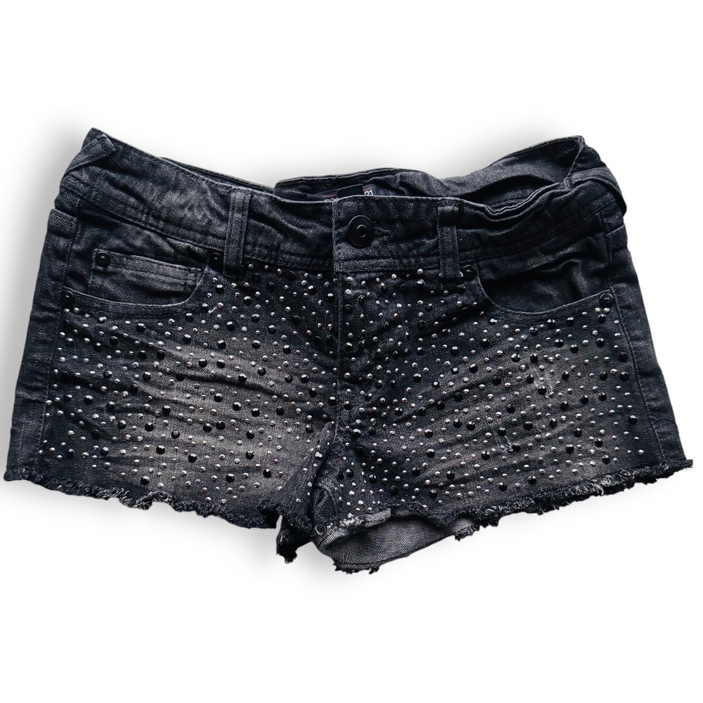 FOREVER 21 Premium Denim Black Rhinestone Studded Distressed Shorts Size 26
